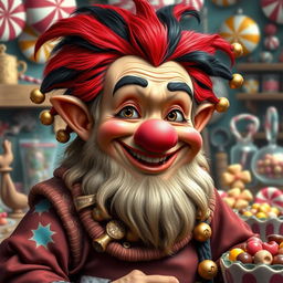 A realistic portrayal of a charming dwarf with a playful clown-like persona