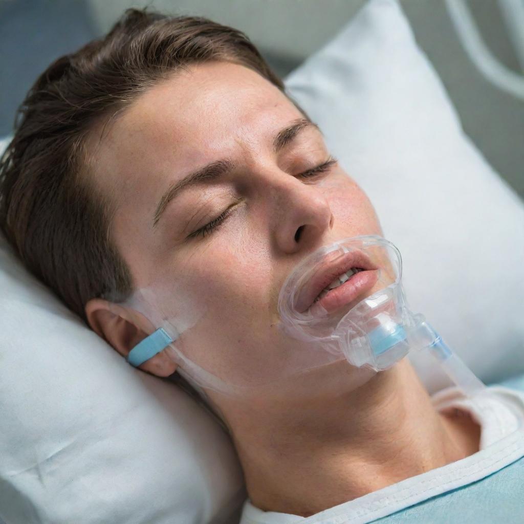 A compassionate rendering of a sick individual receiving critical supplemental oxygenation therapy, the oxygen mask securely fitted on their face.