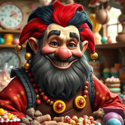 A realistic portrayal of a charming dwarf with a playful clown-like persona