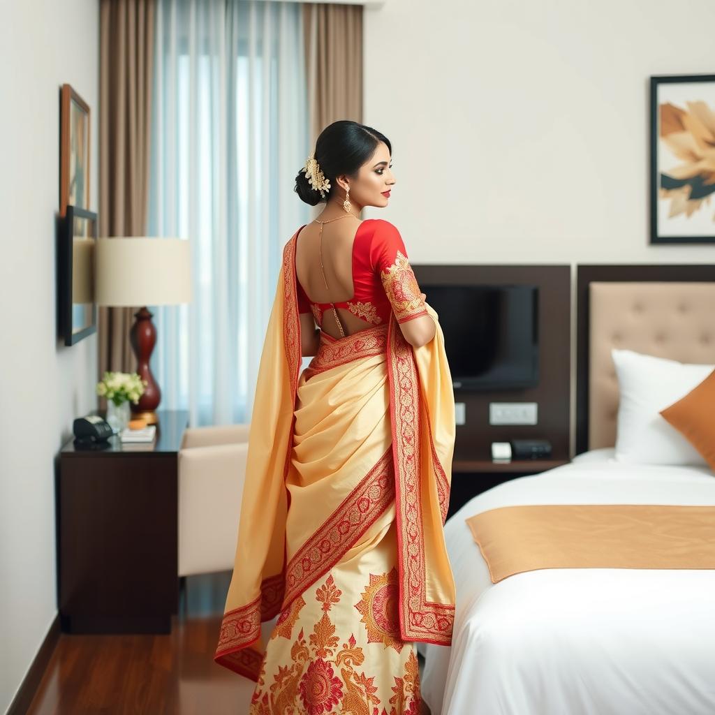 An elegant scene capturing an Indonesian woman in a luxurious cream and red Mekhela Chadar, accentuated with a red backless blouse and high heels, in a stylish OYO room