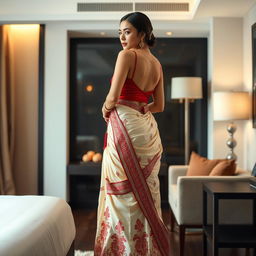 An elegant scene capturing an Indonesian woman in a luxurious cream and red Mekhela Chadar, accentuated with a red backless blouse and high heels, in a stylish OYO room