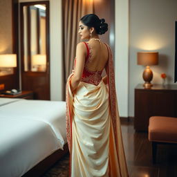 An elegant scene capturing an Indonesian woman in a luxurious cream and red Mekhela Chadar, accentuated with a red backless blouse and high heels, in a stylish OYO room