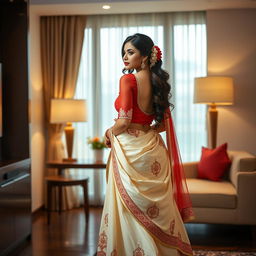 An elegant scene capturing an Indonesian woman in a luxurious cream and red Mekhela Chadar, accentuated with a red backless blouse and high heels, in a stylish OYO room