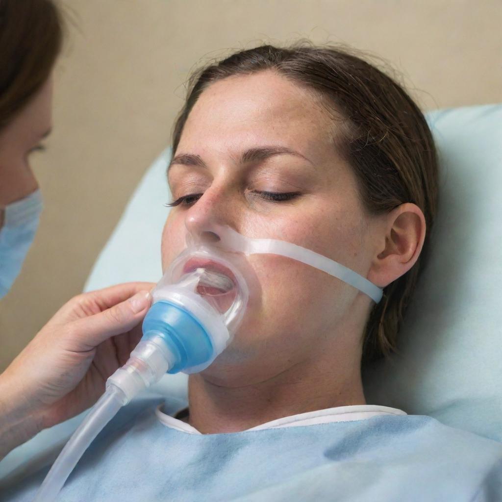 A compassionate rendering of a sick individual receiving critical supplemental oxygenation therapy, the oxygen mask securely fitted on their face.