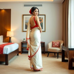 A beautifully styled Indonesian woman dressed in a cream and red Mekhela Chadar, paired with a red backless blouse and high heels, in a tastefully decorated OYO room