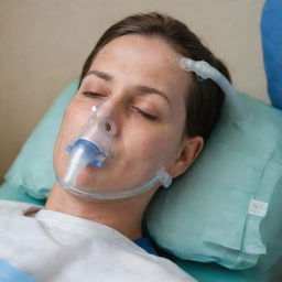 A compassionate rendering of a sick individual receiving critical supplemental oxygenation therapy, the oxygen mask securely fitted on their face.