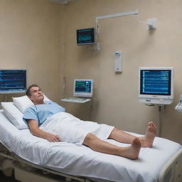 A powerful image of a patient in a hospital room, depicting the atmosphere of care and medical intervention, with the patient lying in bed and various health monitoring equipment close by.