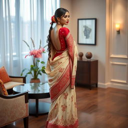 A scene of a culturally adorned Indonesian woman wrapped in a cream and red Mekhela Chadar with a red backless blouse and high heels in an aesthetically pleasing OYO room