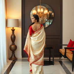 A scene of a culturally adorned Indonesian woman wrapped in a cream and red Mekhela Chadar with a red backless blouse and high heels in an aesthetically pleasing OYO room