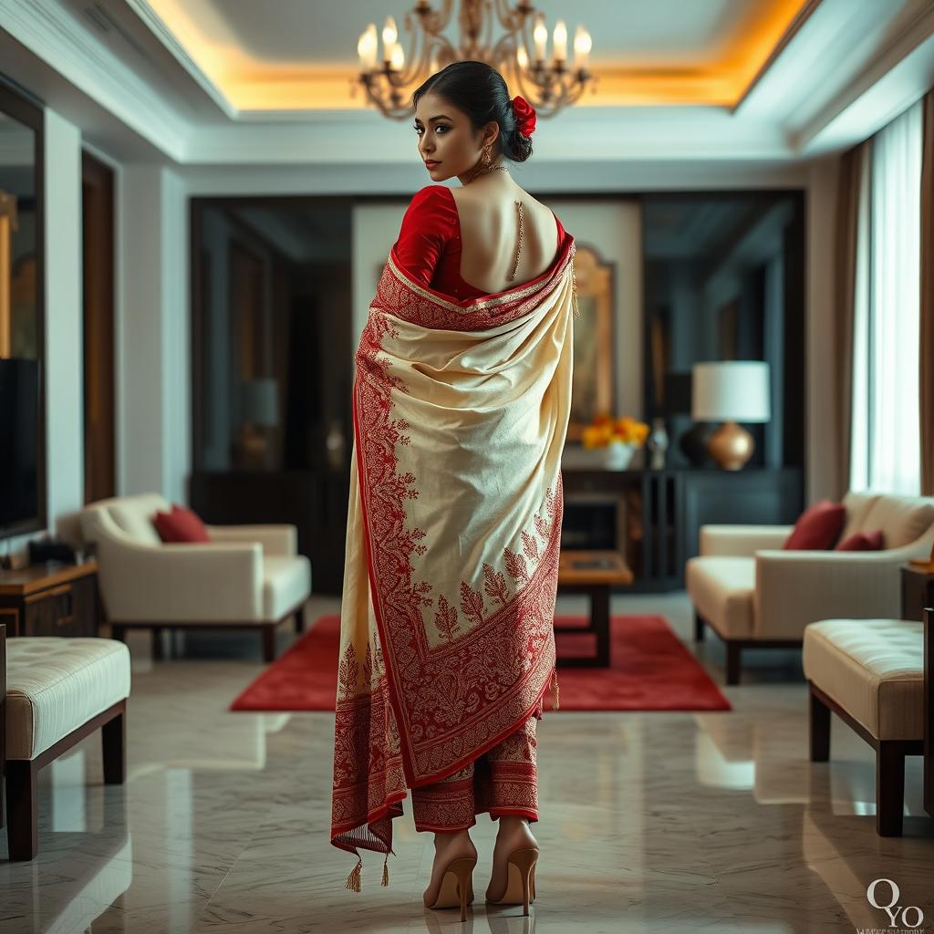 A scene of a culturally adorned Indonesian woman wrapped in a cream and red Mekhela Chadar with a red backless blouse and high heels in an aesthetically pleasing OYO room