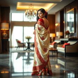 A scene of a culturally adorned Indonesian woman wrapped in a cream and red Mekhela Chadar with a red backless blouse and high heels in an aesthetically pleasing OYO room