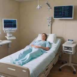 A powerful image of a patient in a hospital room, depicting the atmosphere of care and medical intervention, with the patient lying in bed and various health monitoring equipment close by.