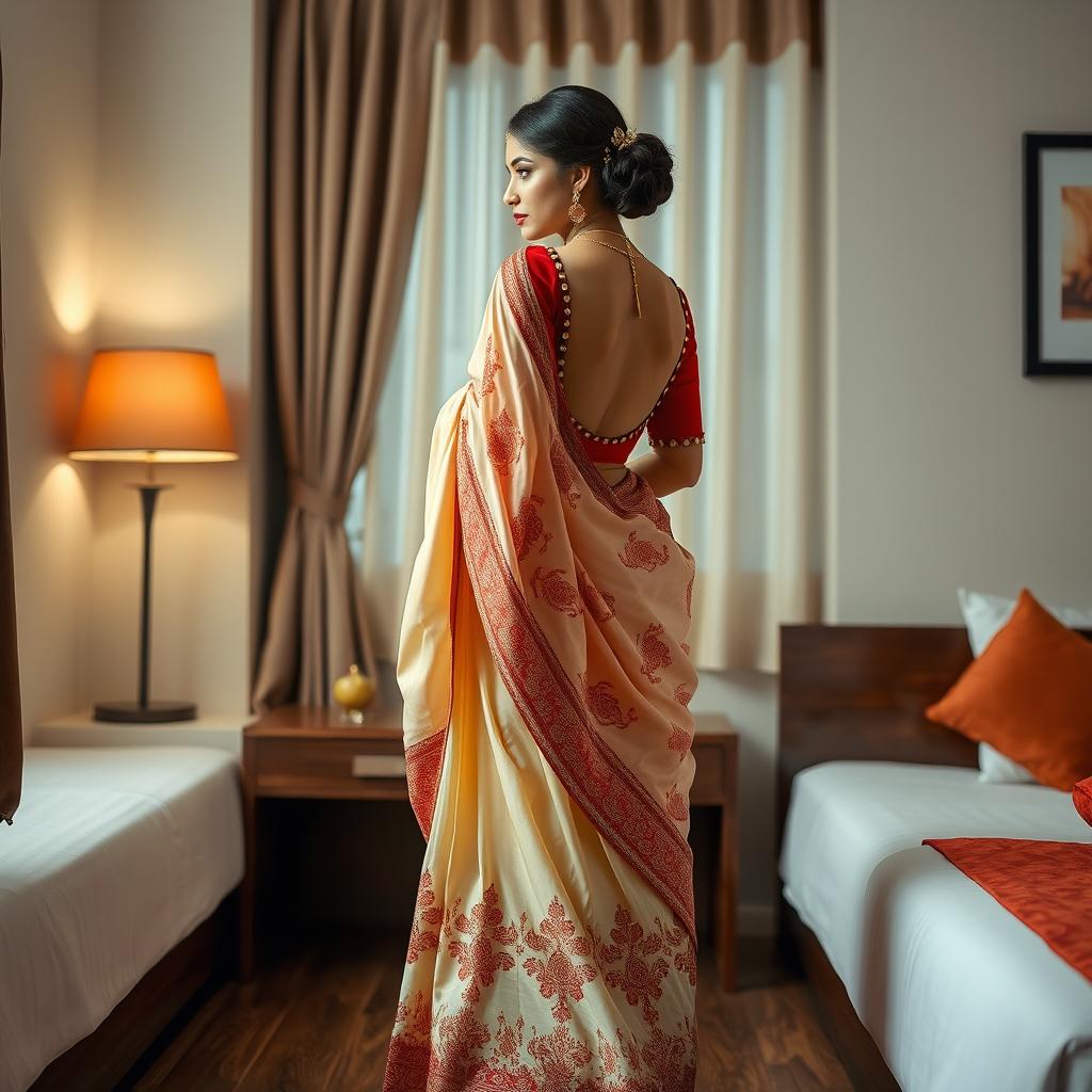 An artistically composed scene featuring an Indonesian woman in a cream and red Mekhela Chadar, accentuated by a red backless blouse and high heels, set in an OYO room