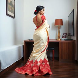 An artistically composed scene featuring an Indonesian woman in a cream and red Mekhela Chadar, accentuated by a red backless blouse and high heels, set in an OYO room