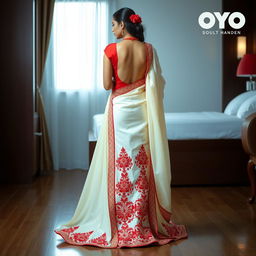 An artistically composed scene featuring an Indonesian woman in a cream and red Mekhela Chadar, accentuated by a red backless blouse and high heels, set in an OYO room