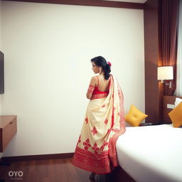 An artistically composed scene featuring an Indonesian woman in a cream and red Mekhela Chadar, accentuated by a red backless blouse and high heels, set in an OYO room