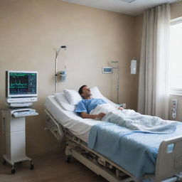 A powerful image of a patient in a hospital room, depicting the atmosphere of care and medical intervention, with the patient lying in bed and various health monitoring equipment close by.