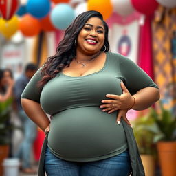 A confident and curvaceous woman with a plus-size figure, playfully holding her ample chest with a joyful expression