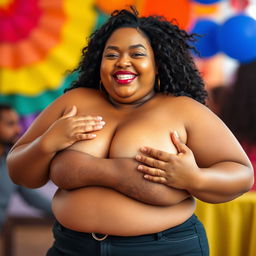 A confident and curvaceous woman with a plus-size figure, playfully holding her ample chest with a joyful expression