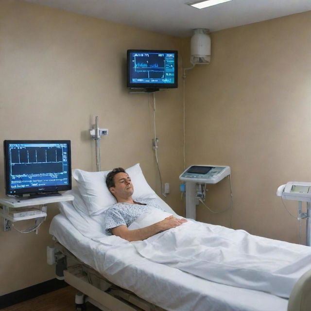 A powerful image of a patient in a hospital room, depicting the atmosphere of care and medical intervention, with the patient lying in bed and various health monitoring equipment close by.