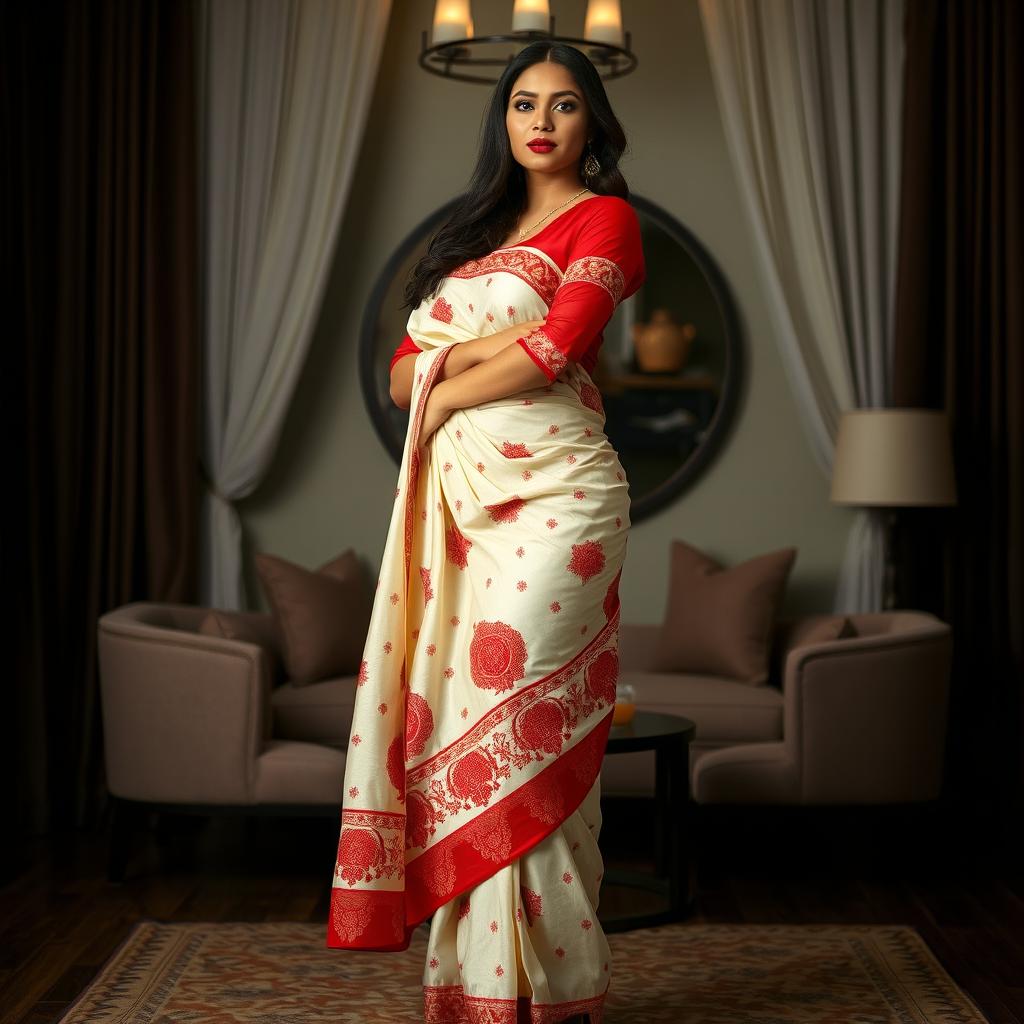 A sensually confident Indonesian woman wrapped elegantly in a cream and red Mekhela Chadar, complemented by a red blouse and high heels in a chic OYO room