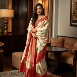 A sensually confident Indonesian woman wrapped elegantly in a cream and red Mekhela Chadar, complemented by a red blouse and high heels in a chic OYO room