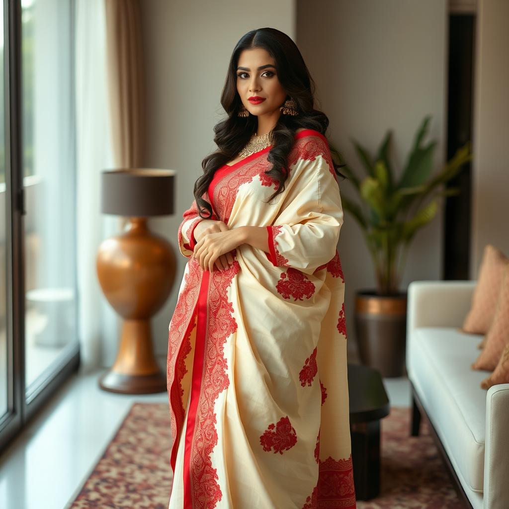 A sensually confident Indonesian woman wrapped elegantly in a cream and red Mekhela Chadar, complemented by a red blouse and high heels in a chic OYO room