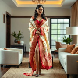 A sensually confident Indonesian woman wrapped elegantly in a cream and red Mekhela Chadar, complemented by a red blouse and high heels in a chic OYO room