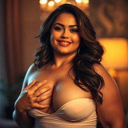 A seductive and curvaceous woman with plus-size features, playfully holding her ample chest with a flirtatious expression