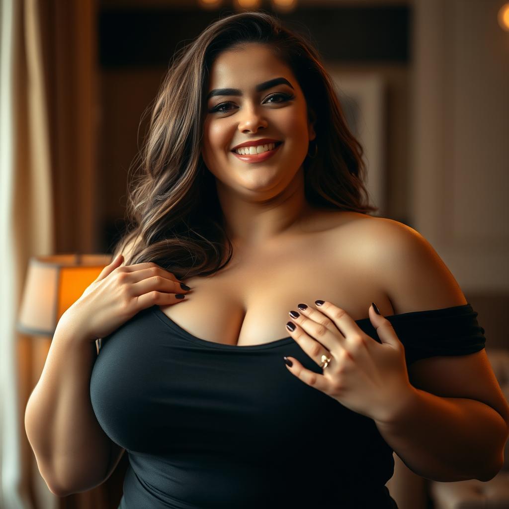 A seductive and curvaceous woman with plus-size features, playfully holding her ample chest with a flirtatious expression