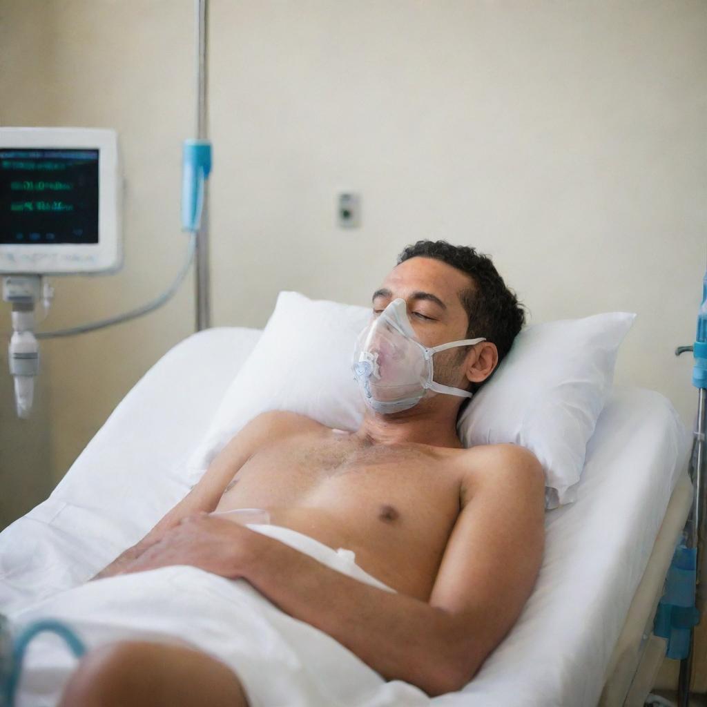 A poignant image of a patient in a hospital setting receiving oxygen therapy; the mask fitted securely, surrounded by medical equipment, capturing a moment of care, urgency and human resilience.