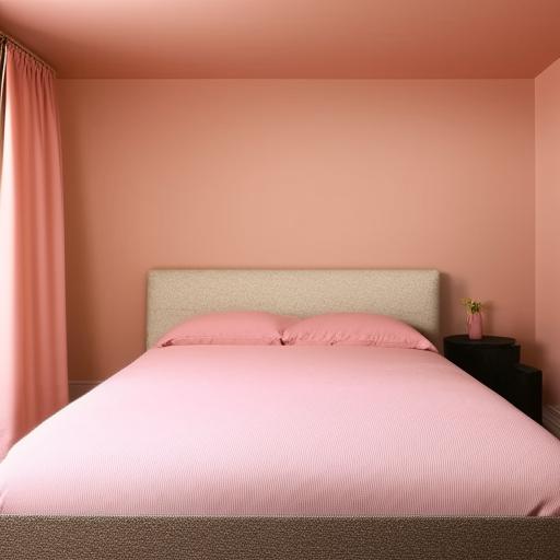 A bedroom featuring a large bed with prominent back support. The back wall is painted a soft pinkish-brown color.