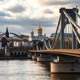 A captivating view of the Kyiv Pechersk Lavra, with its iconic golden domes, set against the backdrop of Paton Bridge in Kyiv