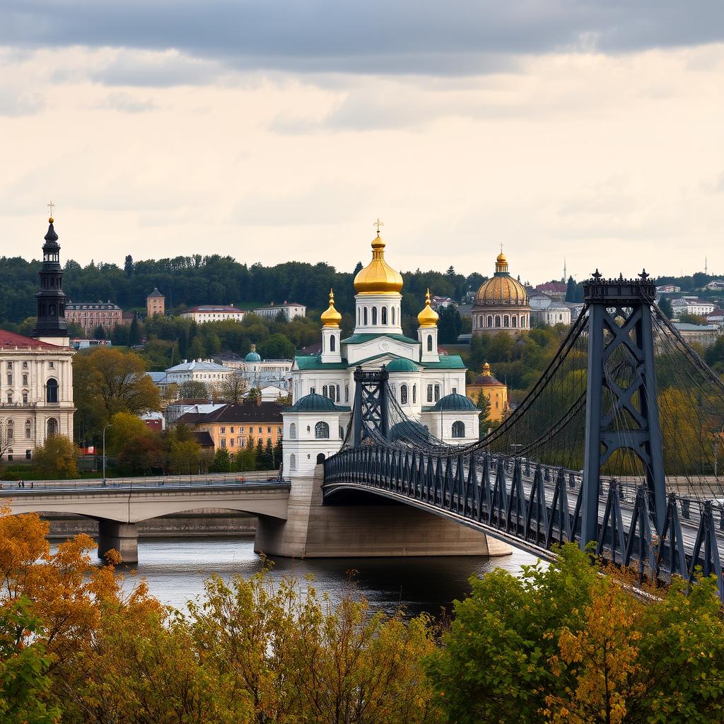 A captivating view of the Kyiv Pechersk Lavra, with its iconic golden domes, set against the backdrop of Paton Bridge in Kyiv