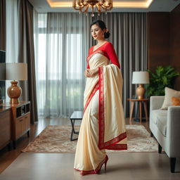 A visually captivating scene featuring an Indonesian woman styled in an elegant cream and red Mekhela Chadar with a red blouse and high heels set within a thoughtfully designed OYO room