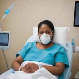 A poignant image of a patient in a hospital setting receiving oxygen therapy; the mask fitted securely, surrounded by medical equipment, capturing a moment of care, urgency and human resilience.