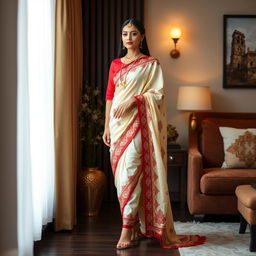 A visually captivating scene featuring an Indonesian woman styled in an elegant cream and red Mekhela Chadar with a red blouse and high heels set within a thoughtfully designed OYO room