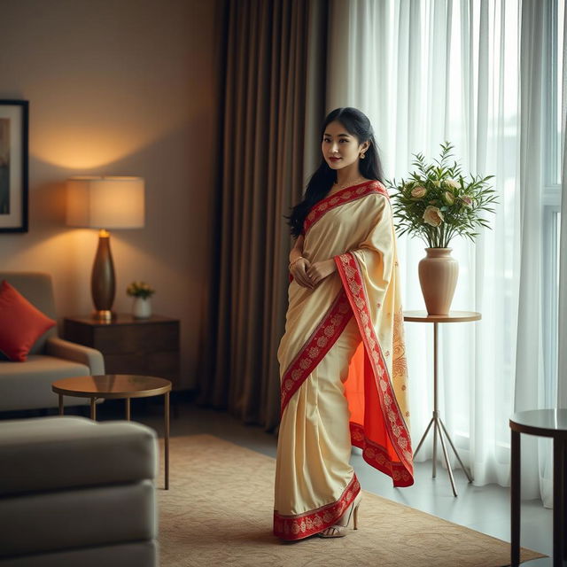 A visually captivating scene featuring an Indonesian woman styled in an elegant cream and red Mekhela Chadar with a red blouse and high heels set within a thoughtfully designed OYO room