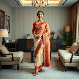 A visually captivating scene featuring an Indonesian woman styled in an elegant cream and red Mekhela Chadar with a red blouse and high heels set within a thoughtfully designed OYO room