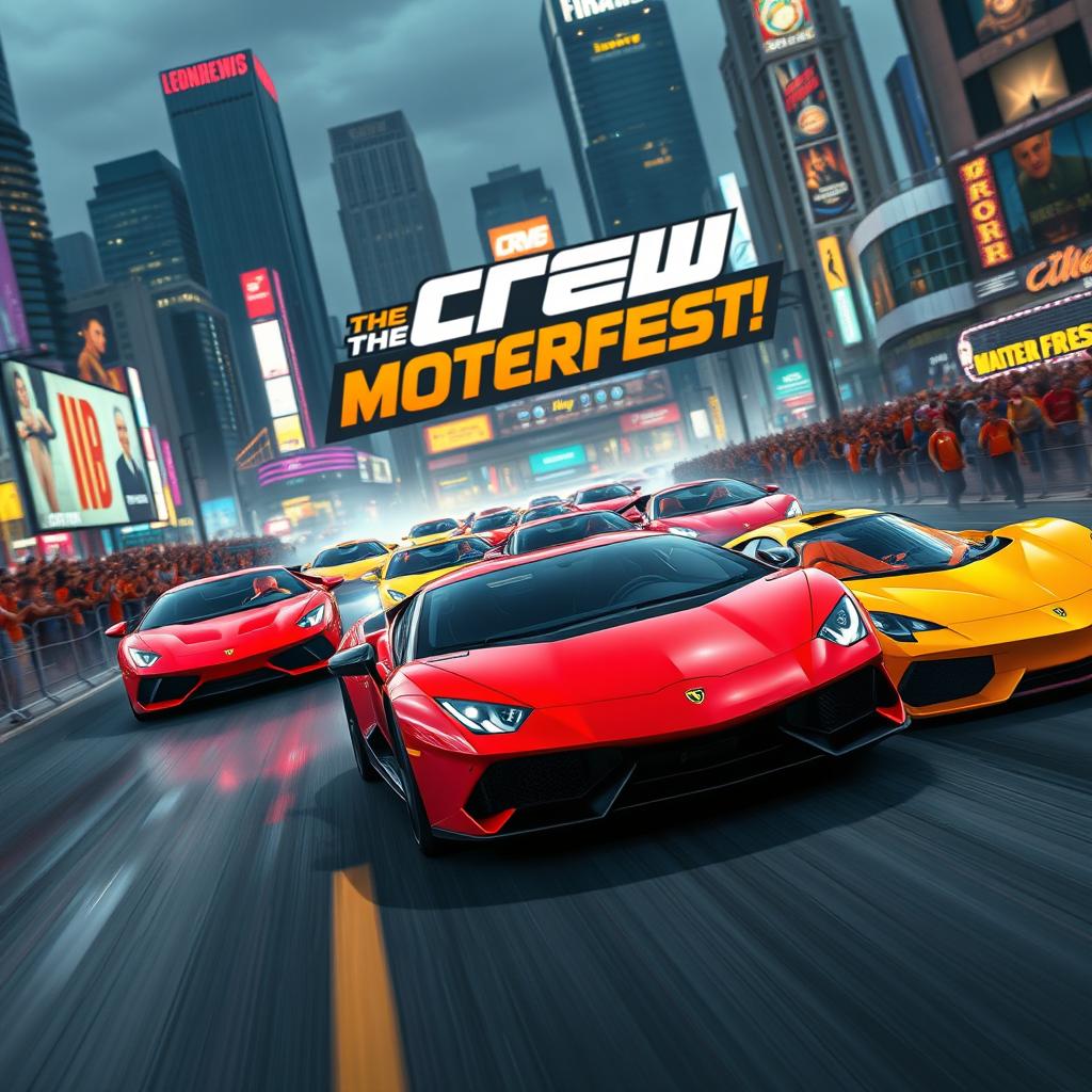 A stunning action-packed scene capturing "The Crew Motorfest" event, with a thrilling race of exotic supercars speeding through a vibrant and bustling cityscape