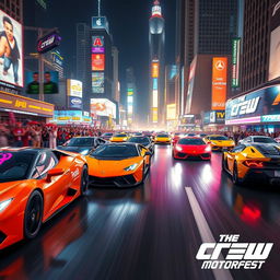 A stunning action-packed scene capturing "The Crew Motorfest" event, with a thrilling race of exotic supercars speeding through a vibrant and bustling cityscape