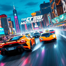 A stunning action-packed scene capturing "The Crew Motorfest" event, with a thrilling race of exotic supercars speeding through a vibrant and bustling cityscape