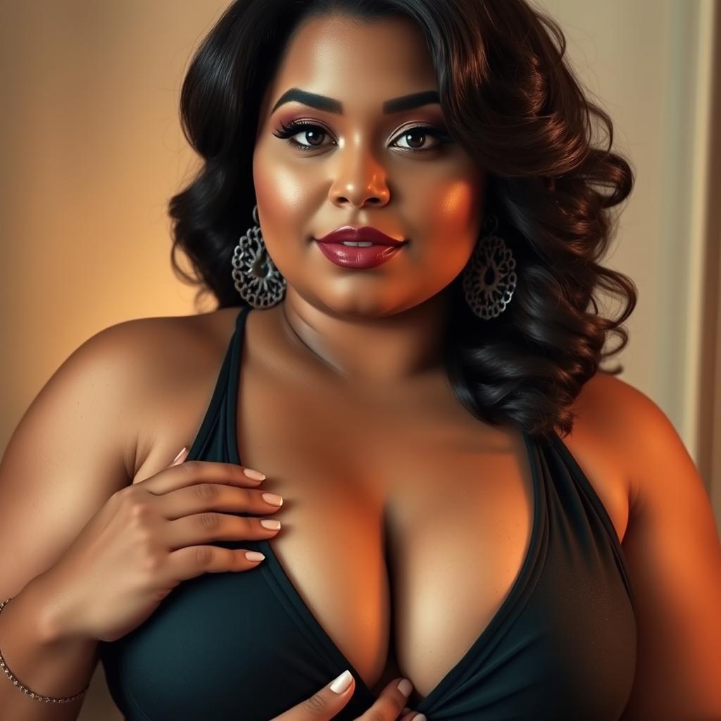 A voluptuous and fair-skinned woman with plus-size features, sensually holding her ample chest with a confident expression