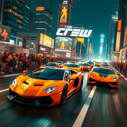 A stunning action-packed scene capturing "The Crew Motorfest" event, with a thrilling race of exotic supercars speeding through a vibrant and bustling cityscape