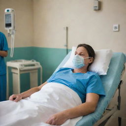 A poignant image of a patient in a hospital setting receiving oxygen therapy; the mask fitted securely, surrounded by medical equipment, capturing a moment of care, urgency and human resilience.