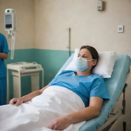 A poignant image of a patient in a hospital setting receiving oxygen therapy; the mask fitted securely, surrounded by medical equipment, capturing a moment of care, urgency and human resilience.