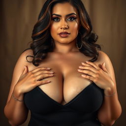 A voluptuous and fair-skinned woman with plus-size features, sensually holding her ample chest with a confident expression