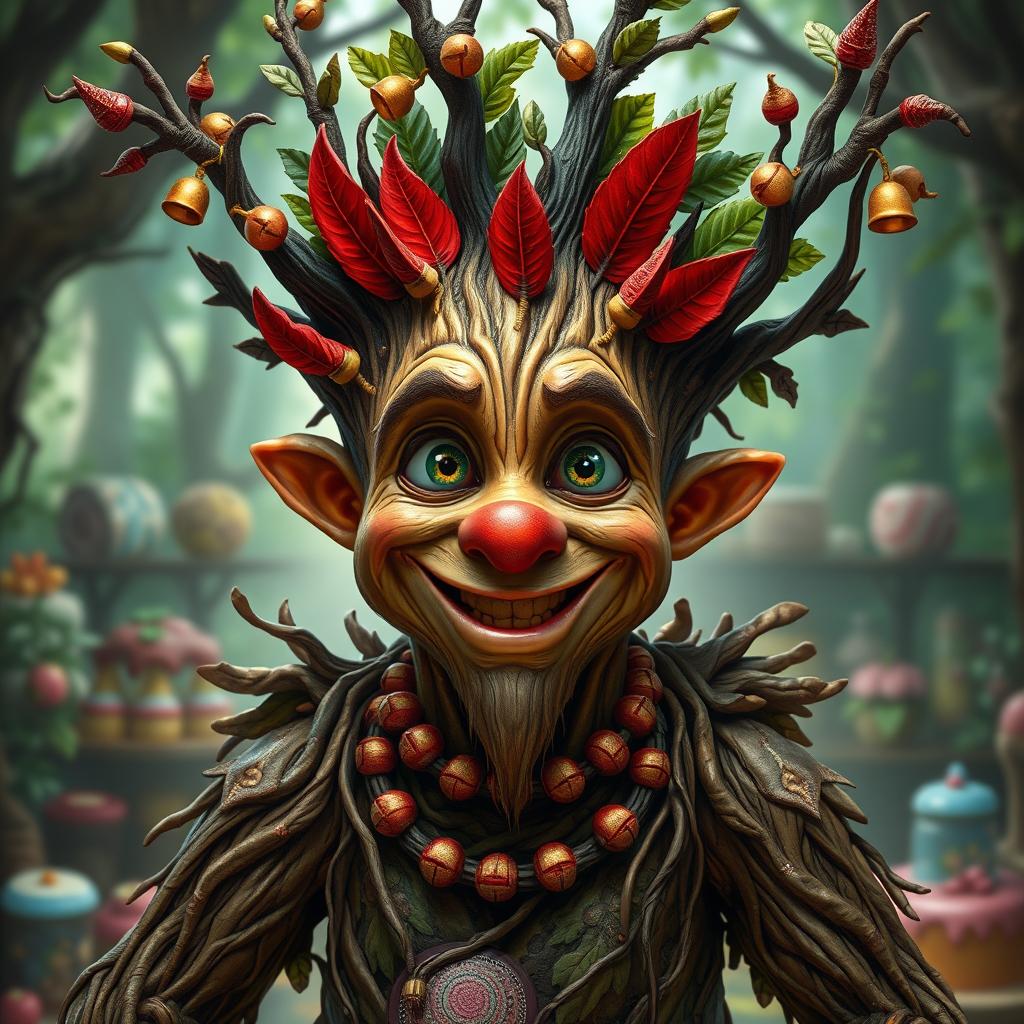 A realistic depiction of a charismatic tree-man with a playful clownish demeanor