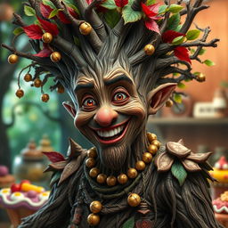 A realistic depiction of a charismatic tree-man with a playful clownish demeanor