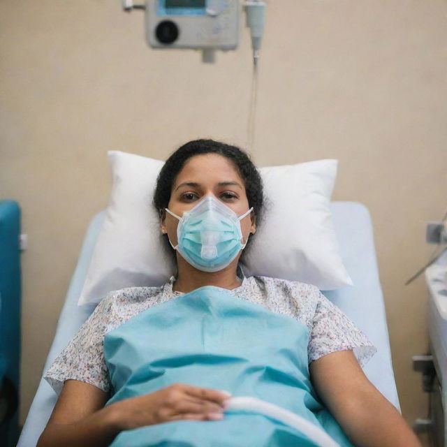 A poignant image of a patient in a hospital setting receiving oxygen therapy; the mask fitted securely, surrounded by medical equipment, capturing a moment of care, urgency and human resilience.